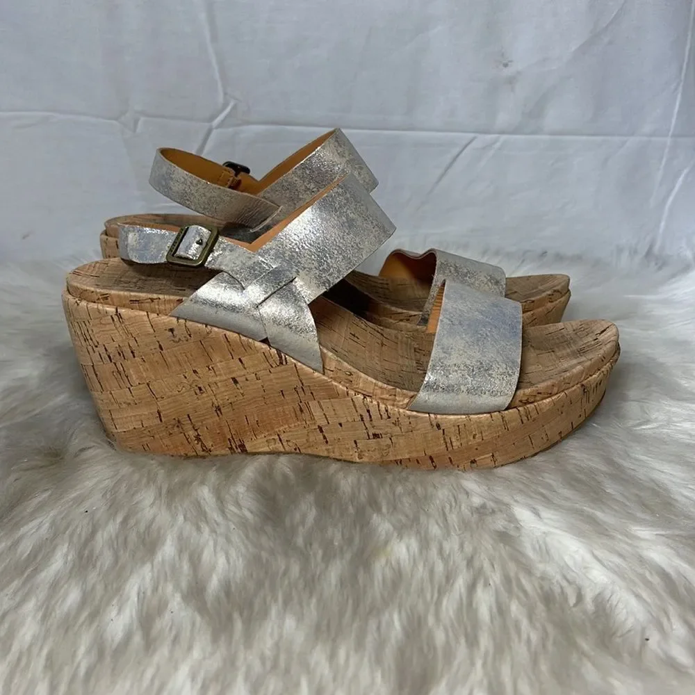 Kork-Ease Silver Crackle Leather Strappy Cork Platform‎ Sandals Sz 11